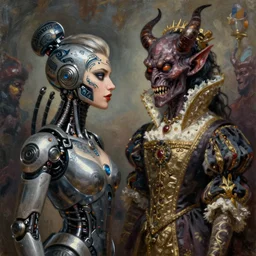 attractive female cyborg with tattooed face vs skully demon, oil painting, wearing a noblewoman's outfit, fantasy art by greg rutkowski and john singer sargent and gaston bussiere and greg rutkowski, craig mullins, hd