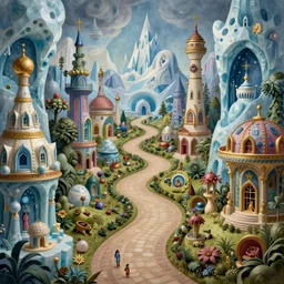 a whimsical elite masterpiece mysterious science fantasy matte painting of a winding path through arctic dream worlds with surreal architecture designed by heironymous bosch, structures inspired by heironymous bosch's garden of earthly delights, surreal ice interiors by cyril rolando and natalie shau, insanely detailed and intricate, elegant, sense of awe