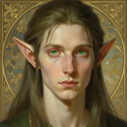 Semi-realistic portrait of male elf, green eyes, face, thin, fantasy, intricate, elegant, digital painting, artstation, concept art, smooth, sharp focus, illustration, art by artgerm and greg rutkowski and alphonse mucha