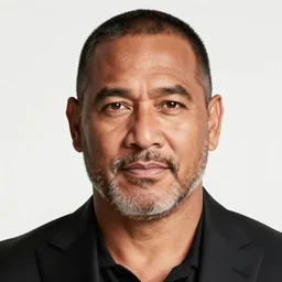 realistic portrait of a middle aged samoan man with a light beard, striking facial features, brown eyes, wearing a black suit, posing in the middle of a tropical beach with palm trees and a bright blue sky, vintage, film grain, 4 k, 8 k