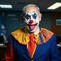 portrait of Benjamin Netanyahu dressed as a clown with clown makeup on sticking his tongue out, dark office background, ambient lighting, dynamic lighting, vibrant colors, 4K, HQ, official media