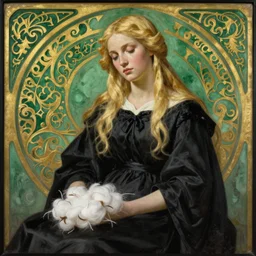 blonde madonna in a black dress. a completely white coton de tulear on her lap. green with a gold filigree background. art nouveau. masterful, detailed oil on canvas