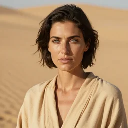 woman with light brown skin blue eyes short dark hair and freckles wearing a sandy desert robe, photography, portrait, natural lighting, sunlight