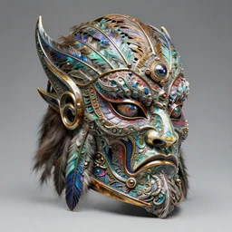 fantasy art ultra 4 k photo of a bizzare colorful metal armor warrior mask made of ceramic iridescent feathered with fur intricately spectacular magnificently carved by a master engraver by h. r. giger
