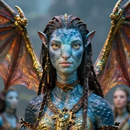 a stunning ultra detailed fantasy fine art portrait photo of a na'vi goddess from avatar movie with dragon wings, by karol bak, tom bagshaw and anna dittman, arms made of dragon skin, golden ratio composition, 2 4 m lens, deep depth of field, perfect eyes and face, soft lighting, artstation, 8 k