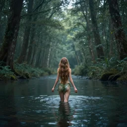 forest nymph rising from the water. view from behind, wide angle view, back view. nuri iyem, james gurney, james jean, greg rutkowski, anato finnstark. trending on artstation, starlight, and enchanted dreams. instagram photo shoot, sigma 3 5 mm, award winning photography, perfect hands
