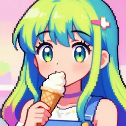 colorful anime girl with big eyes eating ice cream pixel art
