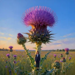 giant thistle flower head, a girl in suit in field of flowers, surreal photography, sunrise, blue sky, dramatic light, impressionist painting, digital painting, artstation, simon stalenhag