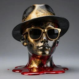 a black and golden and red melting marble melting head wearing sunglasses and a hat