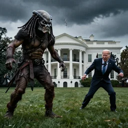 joe biden is running terrified from a monster from predator that is chasing him on the white house lawn during a storm