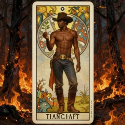 a dramatic ethereal epic painting of a handsome! black cowboy offering a small plant | he is shirtless and wearing a hat and boots | background is a burnt burning forest | tarot card, art deco, art nouveau, homoerotic | by Mark Maggiori and Alphonse Mucha | trending on artstation