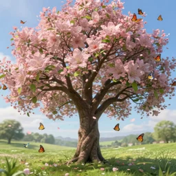 a beautiful awesome tree with falling flowers like leaves and many butterflies birds, all in the amazing outdoors view, long exposure, 8 k resolution, trending on artstation