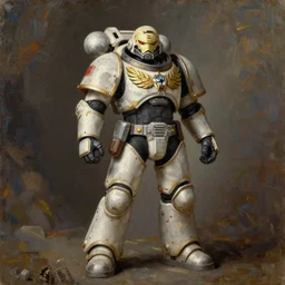 full body portrait of a warhammer 4 0 k astartes soldier, oil painting, standing, limited color, by hubert van eyck