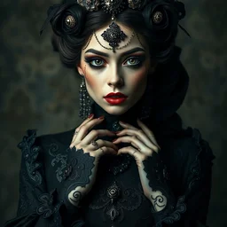 portrait of beautiful female model make up by candy makeupartist, perfect symmetrical pose, sharp, by irakli nadar with intricate detailed wearing victorian dress designed by alexander mcqueen and rocky gathercole, haunting, elite, elegant, ruan jia, dark, hyper detailed, concept art, by gustav klimt