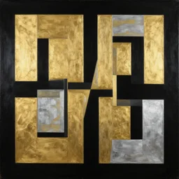 black, gold, silver, symmetrical, award - winning painting, abstract, gold and silver shapes, rectangles, geometry, elegant, luxurious, beautiful, pitch black background, dali