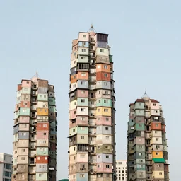 high towers made up of stacked squatter shacks with pastel colours, mamiya, 8 5 mm, uniform plain sky, fine details, photographed by michael wolf