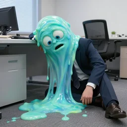 bored office worker but his face is like slime and melting onto the floor