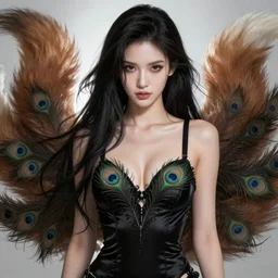 prompt A beautiful portrait of Bayonetta, black silky dress, wearing a bra in the shape of peacock feathers, close up front view, long clumpy hair in the shape of fox tail, backlit, concept art, matte painting, by Hideki Kamiya