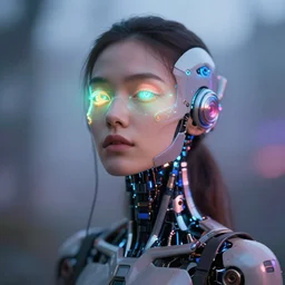 portrait photo of dreamy female as a solarpunk cyborg with fluorescent lamps over face, robotic body parts around neck, real human face with skin, ultra - realistic and detailed, long exposure, soft focus hdr 8 k