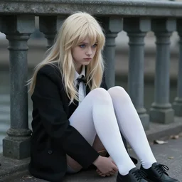 Aristocratic platinum-blonde-haired hime-cut blue-eyed 19-year-old French princess wearing white leggings and black jacket, homeless, destitute, sitting under bridge, cinematic