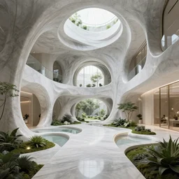 futuristic sharp focus biophilic granite smooth villa interior secret garden, arches, bridges, fluid fractal scifi surreal, magnolia stone nebula fluid architecture landscape, highly detailed, white flowers, marble, moss, vincent callebaut composition, mamou - mani, cinematic morning light, 8 k, unreal engine, uhd
