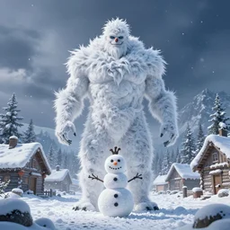 a a full body portrait of giant jack frost the snowman in the middle of a village in the snow, dynamic lighting, photorealistic fantasy concept art, trending on art station, stunning visuals, creative, cinematic, ultra detailed