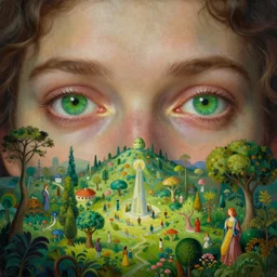 an epic elegant masterpiece mysterious sci - fi painting of a man's green eyes, inspired by heironymous bosch's garden of earthly delights, digital art, dynamic lighting, vibrant colours, surreal lush landscapes by asher durand and cyril rolando and natalie shau and thomas kinkade, insanely detailed and intricate, elegant, macro, close up, 8 k