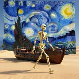 3 d render, skeleton, ship, walking, desert, in the style of van gogh starry night.