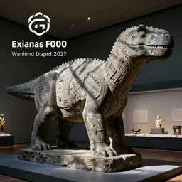 ancient Irish, iron age, photo of stone carved statue of a dinosaur, in museum room