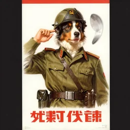 communist propaganda poster of an australian shepherd soldier, soviet art