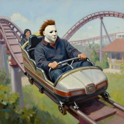 painting of Michael Myers having fun in a normal roller coaster, sharp focus, wide shot, trending on ArtStation, masterpiece, by Greg Rutkowski, by Ross Tran, by Fenghua Zhong, octane, soft render, oil on canvas, colorful, cinematic, environmental concept art
