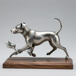 a a dog chasing a cat as a statue made of brushed metal with a wooden base