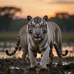 photo of a very mud muddy slightly white tiger in a swamp in the night sunset, fur with mud, muddy fur, 300 mm depth of field bokeh