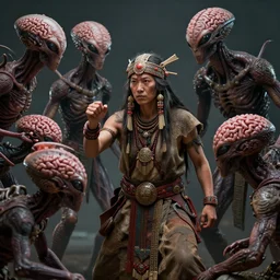 toltec teslapunk shaman fighting with aliens brainsuckers, perfect faces, fine details, studio lighting, subtle shadows, art by katsuya terada, photorealism, hyper realism, octane render, hyper detailed, volumetric lighting, canon eos r 3, f / 1. 4, iso 2 0 0, 1 / 1 6 0 s, medium shot, 8 k, raw, unedited, in - frame,