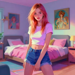 emily rajtkowski, emo, posing, vaporwave colors, modern bedroom!!!!!, highly detailed, digital painting, artstation, concept art, smooth, sharp focus, illustration, art by artgerm and greg rutkowski and alphonse mucha