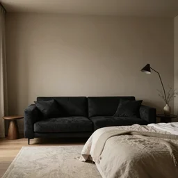 bedroom with earth tones interior, a black sofa