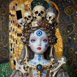 The Princess of Bones by Karol Bak, Jean Deville, Gustav Klimt, and Vincent Van Gogh, portrait of a porcelain doll princess wearing a crown, porcelain ball-joint doll face with blue painted tattoos, pale blue eyes, mystic eye, otherworldly, crown made of bones, ornate jeweled crown, skulls, fractal structures, arcane, inscribed runes, infernal relics, ornate gilded medieval icon, third eye, spirals, rich deep moody colors