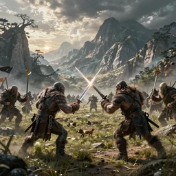 orcs fighting elves, beautiful landscape, dramatic lighting, cinematic, establishing shot, extremly high detail, photorealistic, cinematic lighting, post processed, concept art, artstation, matte painting, style by greg rutkowsky