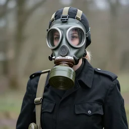 british sas female operative with the standard s 1 0 gas mask and the black uniform, 8 0 s, artstation, trending on artstation, establishing shot