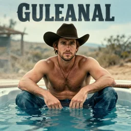 a movie poster of cowboy Jake Gyllenhaal sitting in a hot tub