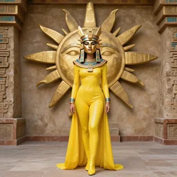 a realistic photo shoot portrait of a full body sun goddess in a yellow latex suit wearing a huge ancient culture sun golden mask with golden blades around, with a big aztec stone behind, standing in the hall of the sun