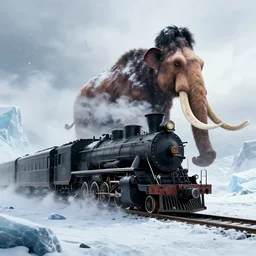 an imposing futuristic black steam train and a giant mammoth, post - apocalyptic ice landscape with heavy snow, digital art