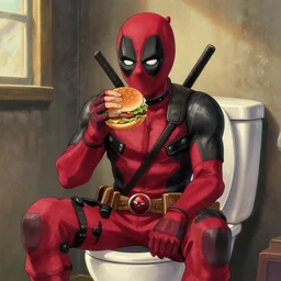 Deadpool sitting on the toilet, eating a hamburger, by studio ghibli,