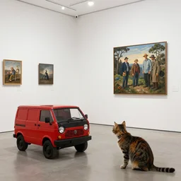 postman pat visits a gallery with his cat jess, red van, white gallery, contemporary art, photorealistic