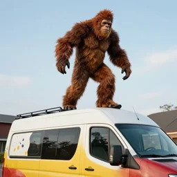 bigfoot stomping on top of roof of clown van