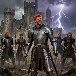 ( ( ( laughing ) ) ) ( ( ( ( copper haired chris hemsworth ) ) ) ) as destruction from sandman looking like kristofer hivju!!, medival armour!!, by jeremy mann, by frank moth, jeff easley, alphonse mucha, dave mckean, thunder & lightning, in front of a destroyed castle, soft lightning, high detailed, 8 k