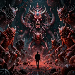 a psychedelic tour through the hell filled with demons, dark colours, patterns, highly realistic, 4 k, 8 k, scary