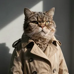 tall, lumpy cat in trench coat
