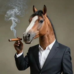 an antropomorphic horse wearing a suit smoking a cigar