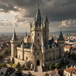 a castle in the middle of a city, medieval, fantasy, grand, realistic